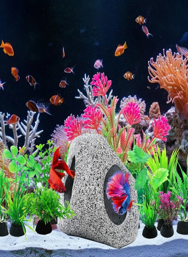 SLOCME 10 Pcs Aquarium Rock Cave & Plants Set - Colorful Plastic Aquarium Plants Fish Tank Decorations, Ceramic Betta Fish Hideout Breeding Shelter - Image 2